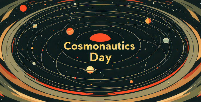 Cosmonautics day celebration design featuring planets in orbit for posters and cards