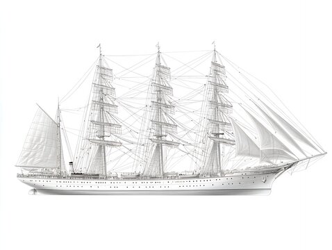 Detailed Line Drawing of a Majestic Tall Ship Sailing VesselThree masted barque Ocean sailing ship