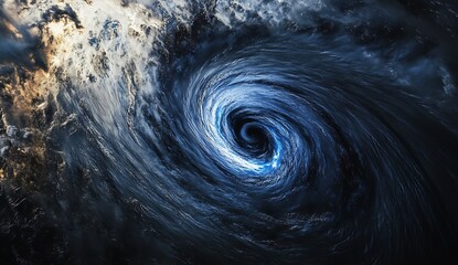 Intense close-up of swirling ocean hurricane clouds revealing deep blue patterns and dramatic weather effects : Generative AI