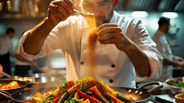 Professional chef preparing a gourmet dish with spices and fresh ingredients in a restaurant kitchen
