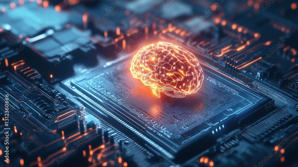 Poster futuristic visualization of a human brain interconnected with complex circuitry highlighting the fus