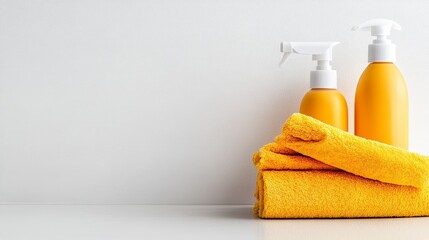 Bright yellow bath products and towels on white background. Minimalist and clean aesthetic. Perfect for spa, beauty, or wellness marketing