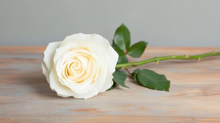 serene photograph of single white rose on wooden table symbolizing purity and love with ample copy space above for