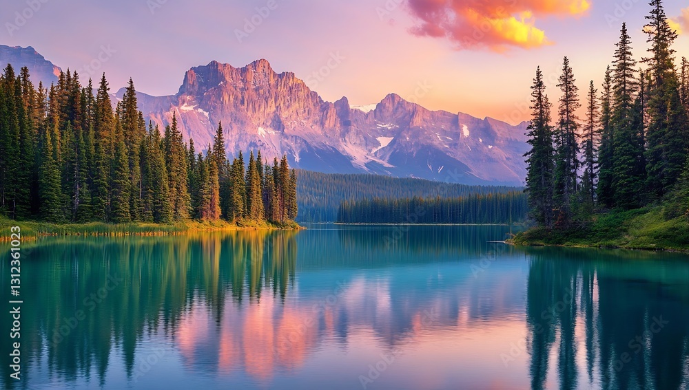 Poster breathtaking scenic view of tranquil lake reflecting colorful sunset and towering mountains : genera