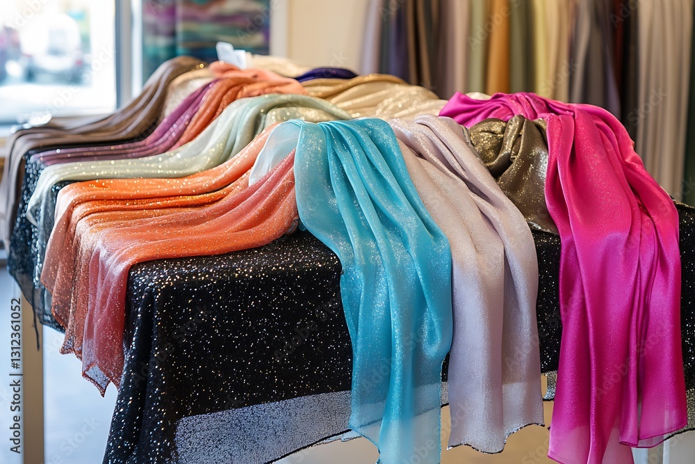 Poster Assortment of Glossy and Textured Transparent Fabrics in Soothing Colors on a Display Table : Generative AI