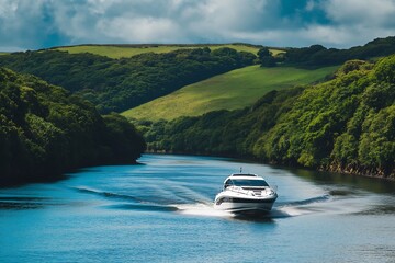 Charming motor yacht moving through calm waters amidst lush green hills and bright skies : Generative AI