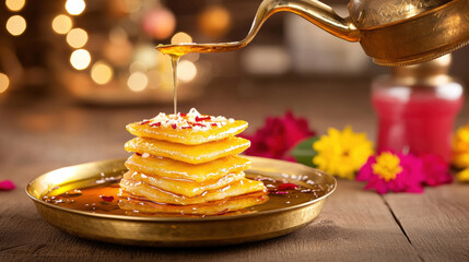 Traditional Puran Poli with Ghee Served on Brass Plate, Festive Gudi Padwa Background
