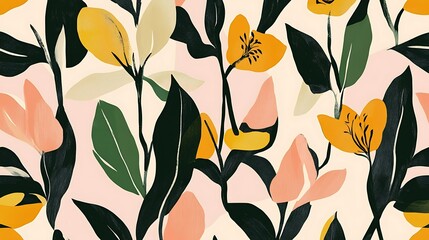 Abstract floral pattern with stylized blossoms and leaves in muted orange, yellow, and pink hues on a cream background