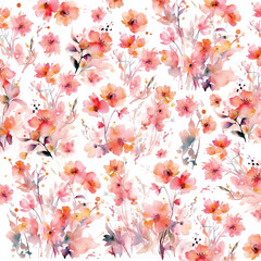 Beautiful delicate watercolor painting of flowers, gentle pink and peach colors on a white background, pattern design for textile, watercolor style with splashes