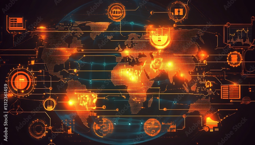 Poster An intricate map of the globe highlighted with glowing graphics representing data and connection lines : Generative AI