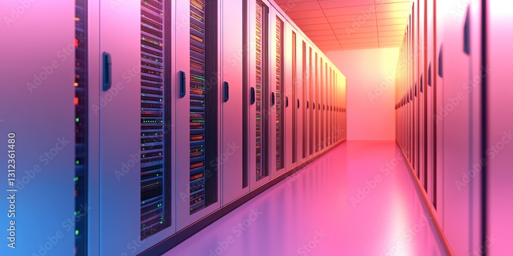 Aufkleber rows of server racks in a data center corridor, illuminated with warm and cool light. pink and purpl