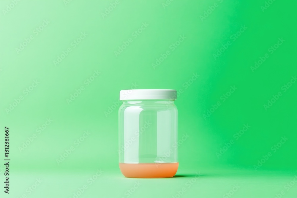 Poster simple depiction of transparent plastic jar with white lid centered on solid green background with c