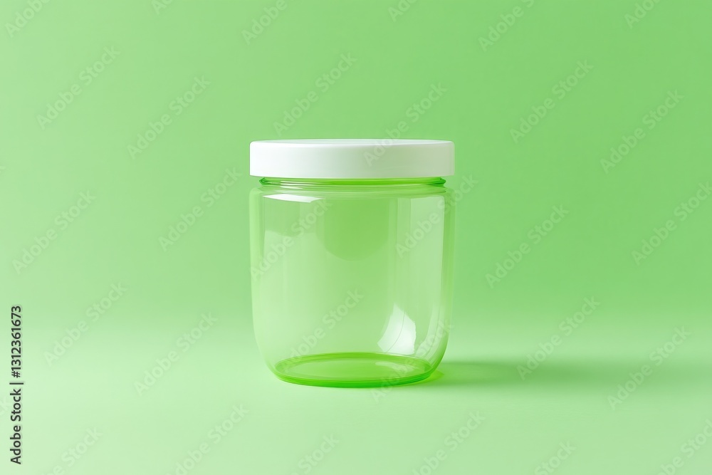 Aufkleber simple depiction of transparent plastic jar with white lid centered on solid green background with c