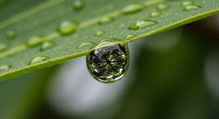 Water Drop on Leaf Reflecting Plant Macro Shot Fresh Nature