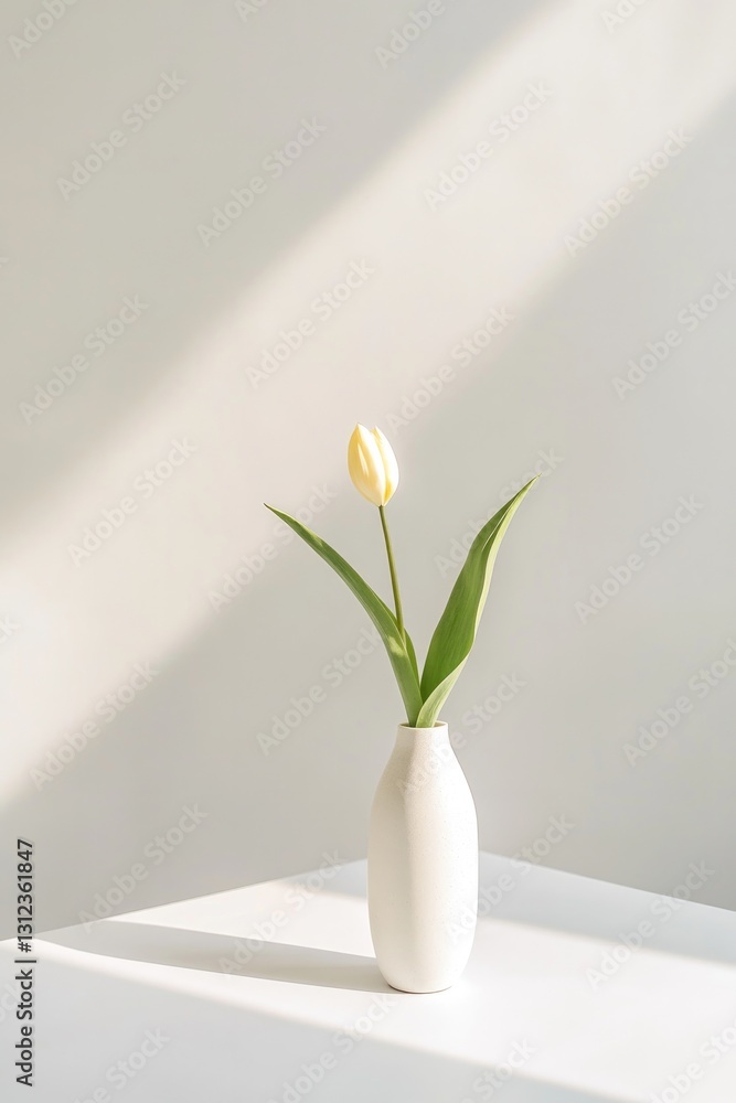 Aufkleber simple vase with single tulip on white table sunlight streaming gently with ample copy space
