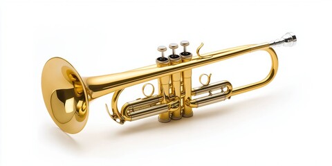 Obraz premium Gold trumpet on white background, showcasing musical instrument detail. Shiny brass finish, valves, and bell are visible. Studio lighting