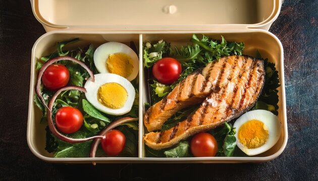 Low-Carb Bento with Balanced Portions Sliced boiled eggs, leafy greens, cherry tomatoes 5