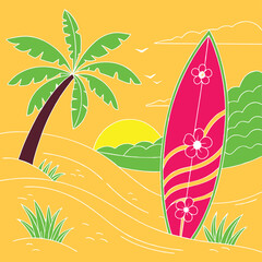 Minimal Coloring Book Illustration of an Upright Surfboard on a Beach with Palm Tree and Sunset