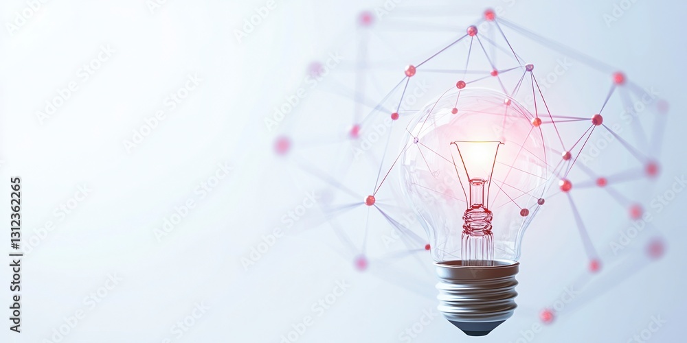 Poster glowing lightbulb with interconnected nodes, abstract network concept. soft lighting, white backgrou
