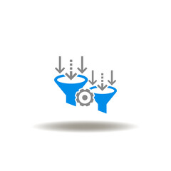 Vector illustration of funnels with arrows down and gear wheel. Symbol of CRO Conversion Rate Optimization and Lead Generation.