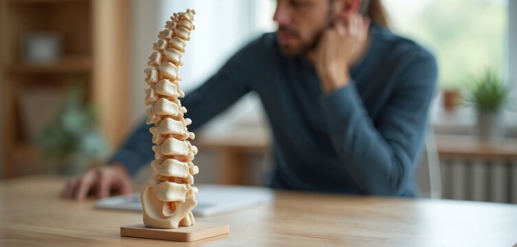 Photo of spinal model on desk in office. Adult man awaits spine evaluation by blurred physiotherapist. Healthcare, back pain, scoliosis treatment, posture check, manual therapy, spinal rehab