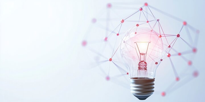 Glowing lightbulb with interconnected nodes, abstract network concept. Soft lighting, white background. Innovative, technology idea