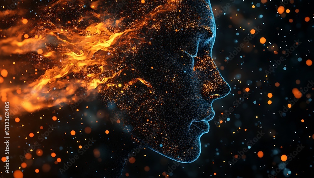 Poster futuristic profile art depicting a woman's face enhanced with glowing particles and dynamic light ef