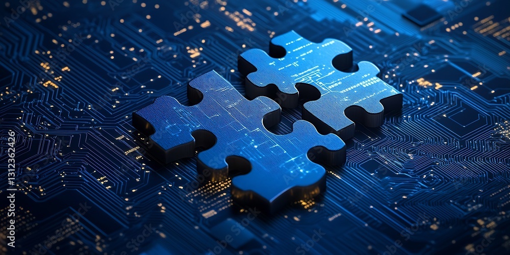 Poster Three Puzzle Pieces on a Circuit Board Symbolizing Problem Solving : Generative AI