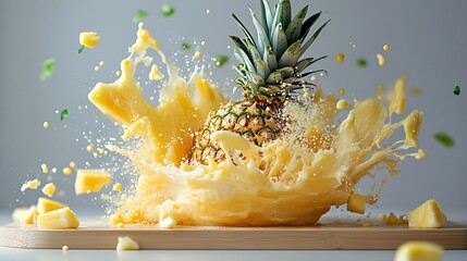 Fresh Pineapple Splashing Into Juicy Pineapple Pieces on Wooden Cutting Board