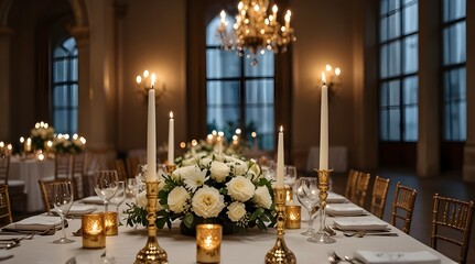 Long dinner table decorated with white.generative.ai