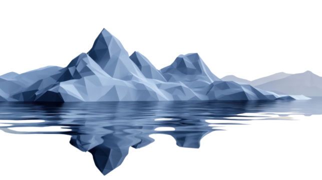 Low poly mountains reflecting on water with transparent background
