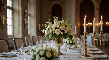 Long dinner table decorated with white