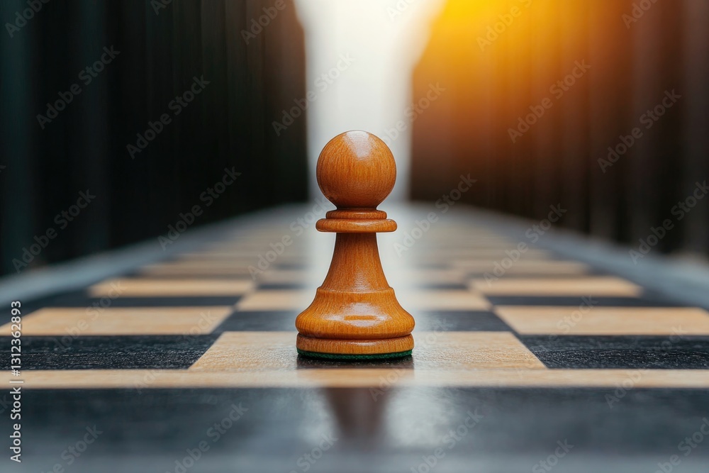 Poster single pawn from chess set placed on empty black square of chessboard captured under dramatic lighti