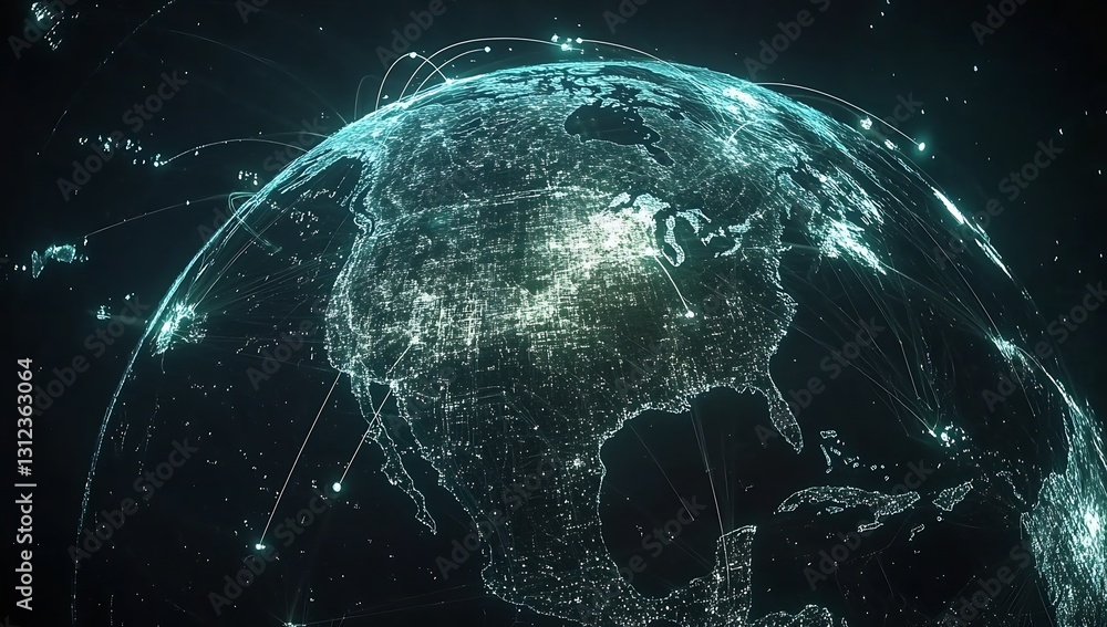 Leinwandbilder Illuminated Earth Model with Network Connections Showcasing Global Data Transfer and Technologies : Generative AI