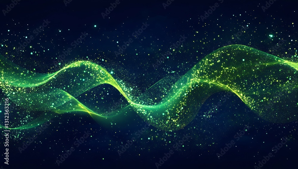 Poster Dazzling green shimmering waves and golden particles creating a captivating visual experience in abstract design : Generative AI