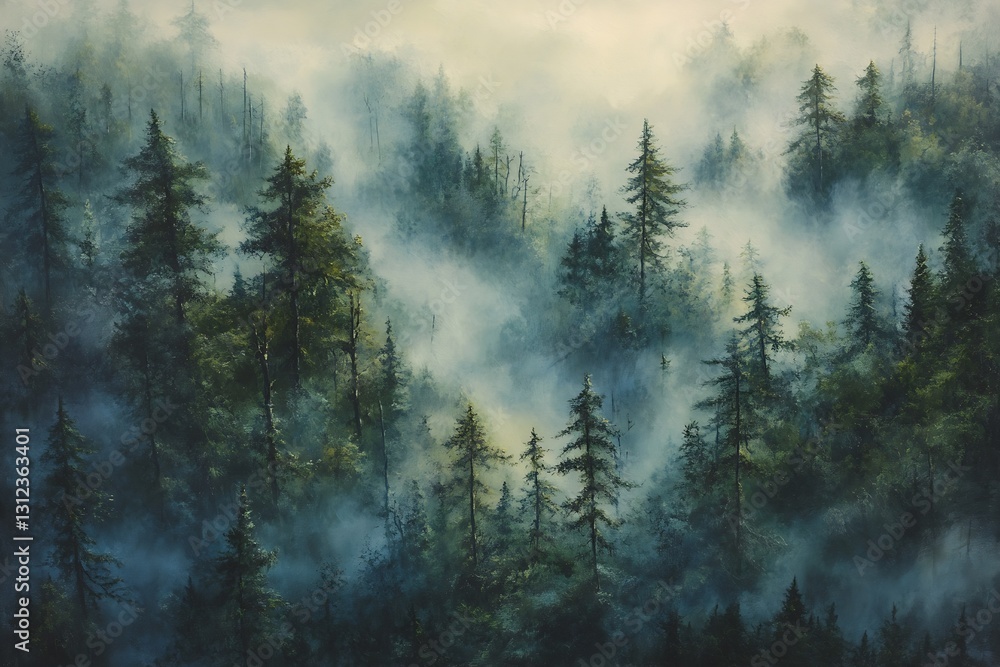 Poster majestic forest landscape with vivid green trees and soft mist in a peaceful atmosphere : generative