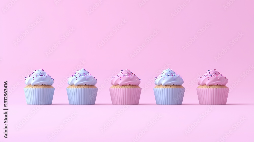 Poster colorful cupcakes with frosting and sprinkles arranged in a row against a soft pink background