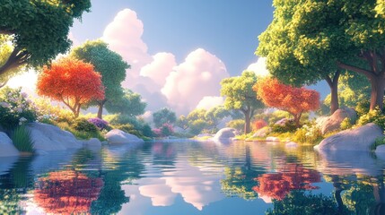A beautiful cartoon landscape with lake trees and colorful sky