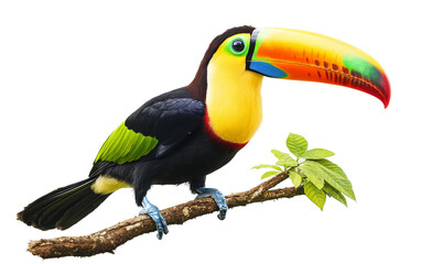 A Majestic Toucan Sitting on a Branch, Showcasing Its Strikingly Colorful Beak Isolated on transparent background PNG