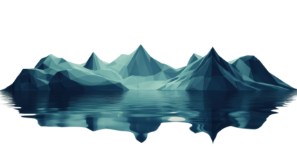 Low poly mountains reflecting on calm water with transparent background