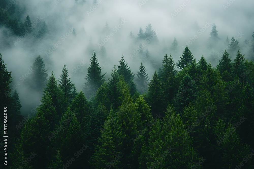 Poster Lush evergreen forest blanketed in mist creating a serene and tranquil landscape scenery : Generative AI