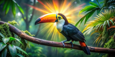 Naklejka premium Surreal Toucan Paradise: Vibrant Bird, Tropical Foliage, Colorful Beaks, Lush Jungle, Fantasy Bird