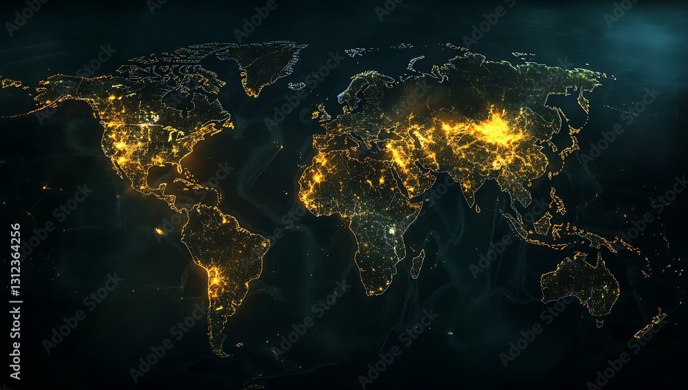 Poster stunning global map illuminated by city lights showcasing earth's connections and networks in bright