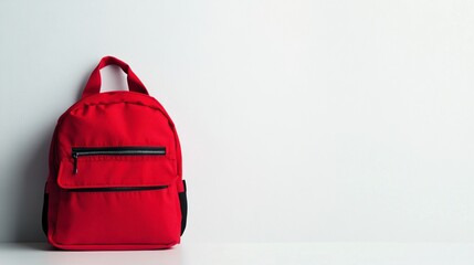 Fototapeta premium Red backpack against a white background. Small backpack, zippers, pockets