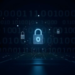 A digital cybersecurity concept featuring a glowing padlock with binary code in the background, symbolizing data protection, encryption, and cyber defense.

