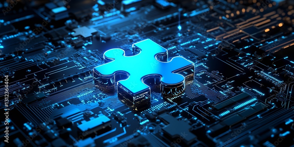 Leinwandbilder striking blue illuminated puzzle piece on an intricate digital circuit board illustrating creativity
