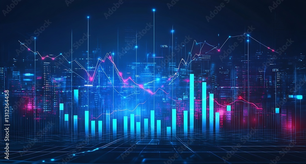 Aufkleber High-tech financial analysis with dynamic graphs and glowing data points representing market fluctuations : Generative AI
