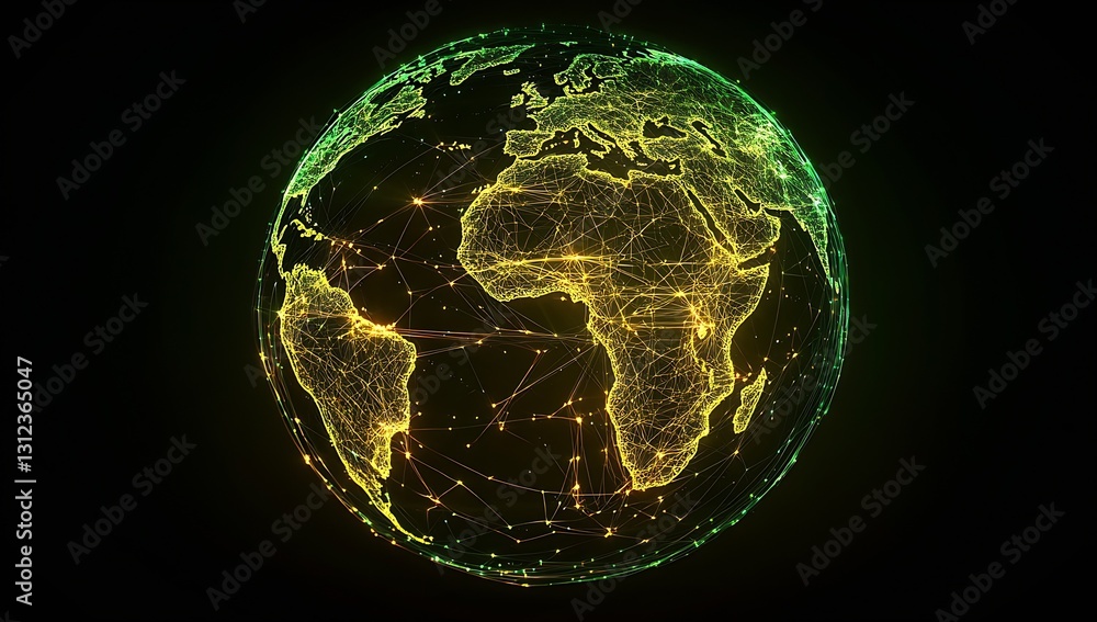 Poster lively green network representation of earth showing global connections and data interactions in rea