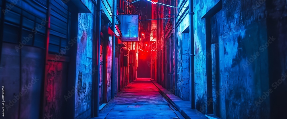 Aufkleber dark alleyway illuminated by vibrant neon lights creating a dramatic urban scene with deep shadows :