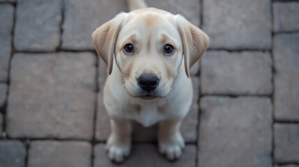 Adorable Yellow Labrador Puppy Sitting on Stone Pavement